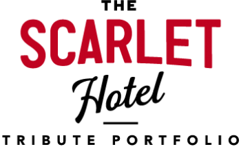 The image shows the word &ldquo;SCARLET&rdquo; in large red letters on a black background. logo on footer section.